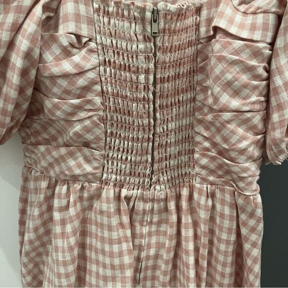 Reformation Mini Dress Zula 100% Linen Pink Gingham Plaid Short Puff Sleeve sz 2 - Picture 8 of 10